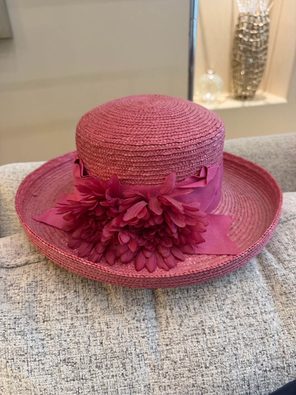 betmar Pink Straw Garden Party Hat with Floral Trim